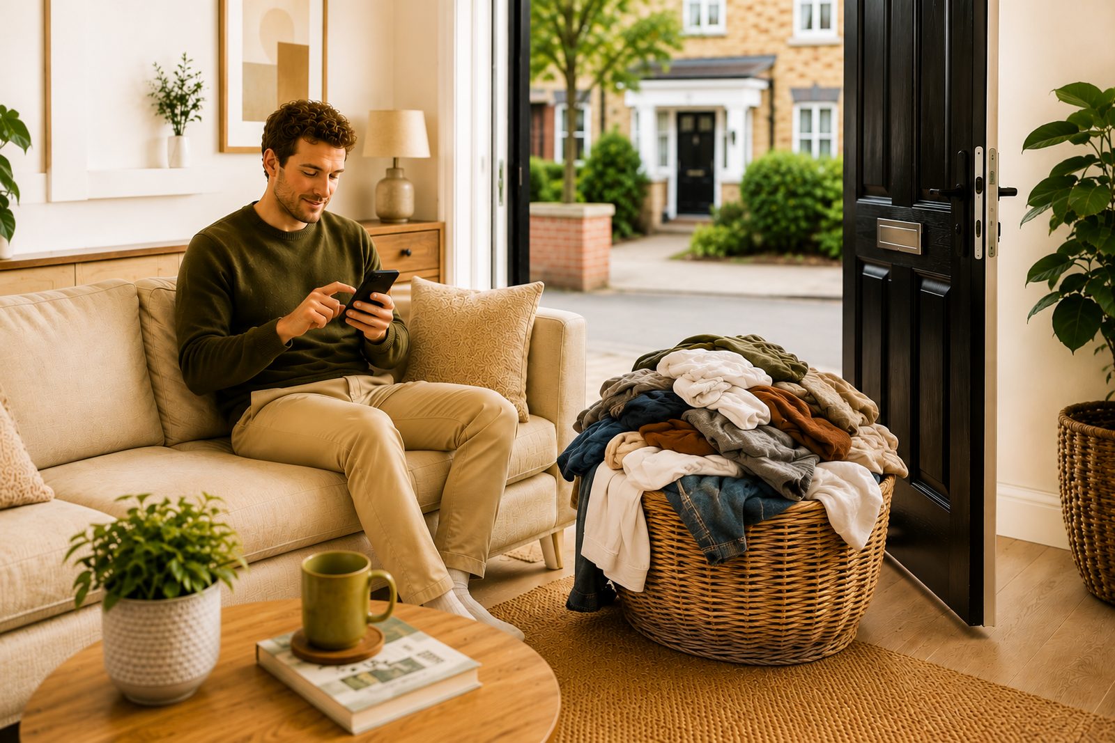 A basket of unwashed laundry waiting on a doorstep in Surrey for a Laundryfree collection