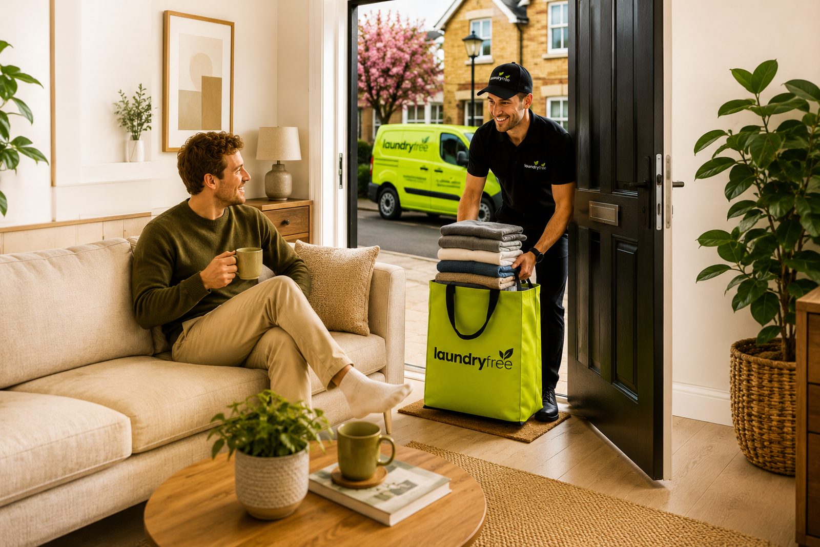 A Laundryfree driver returning washed and neatly folded laundry to the same door